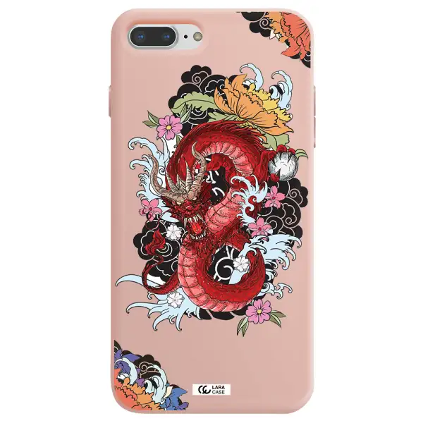 a red dragon with flowers and clouds Apple iPhone 7 plus Silicone pastel pink Case