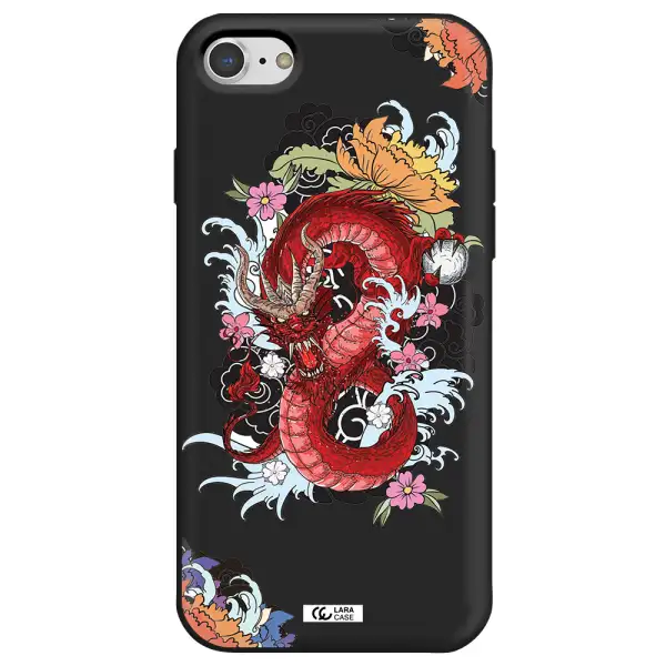 a red dragon with flowers and clouds Apple iPhone 7 Silicone black Case