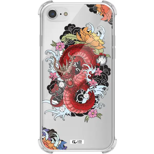 a red dragon with flowers and clouds Apple iPhone 8 Clear PC Case