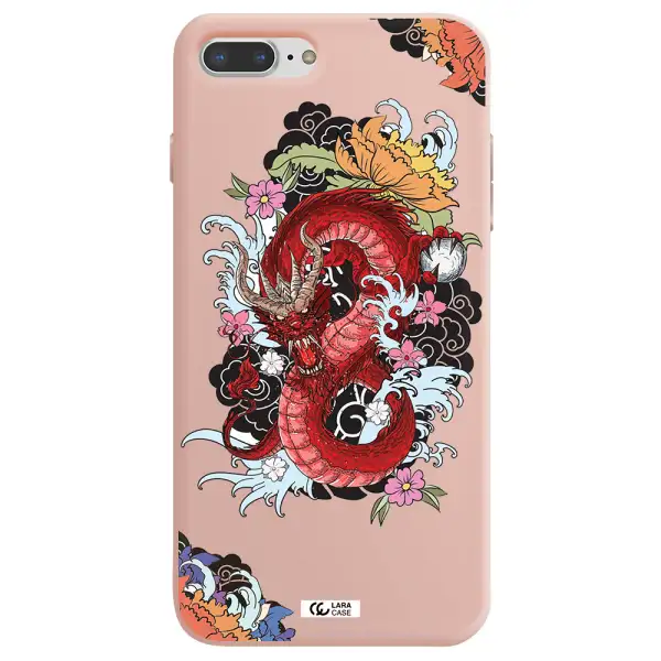 a red dragon with flowers and clouds Apple iPhone 8 plus Silicone pastel pink Case