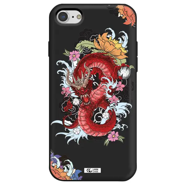 a red dragon with flowers and clouds Apple iPhone 8 Silicone black Case