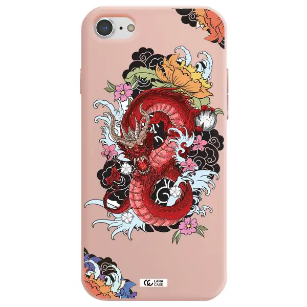 a red dragon with flowers and clouds Apple iPhone 8 Silicone pastel pink Case