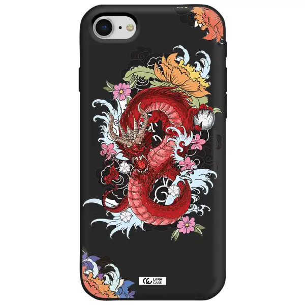 a red dragon with flowers and clouds Apple iPhone se 2020 Silicone black Case