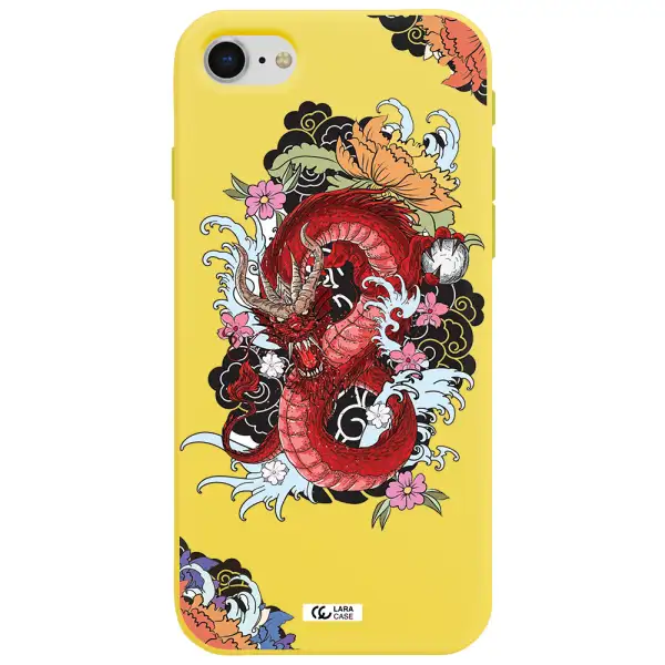 a red dragon with flowers and clouds Apple iPhone se 2020 Silicone canary yellow Case