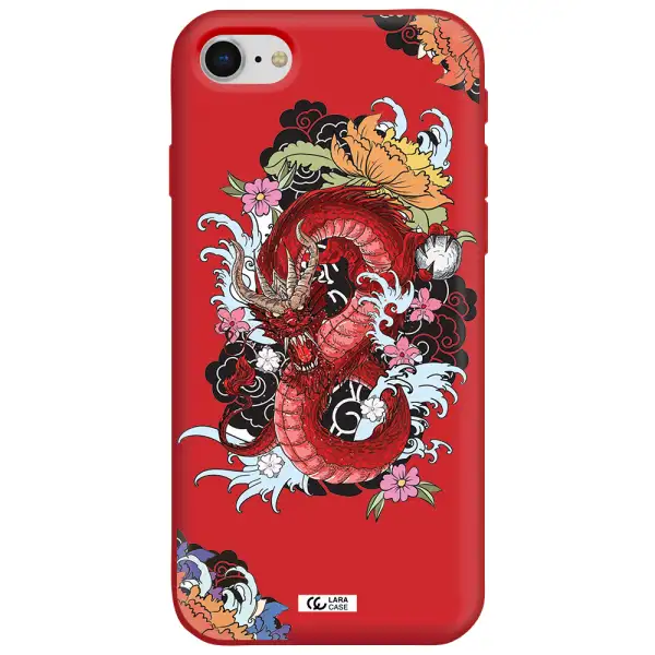 a red dragon with flowers and clouds Apple iPhone se 2020 Silicone Imperial Red Case