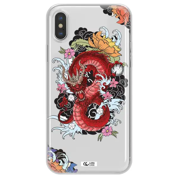 a red dragon with flowers and clouds Apple iPhone X Clear TPU Case