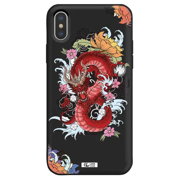 a red dragon with flowers and clouds Apple iPhone X Silicone black Case