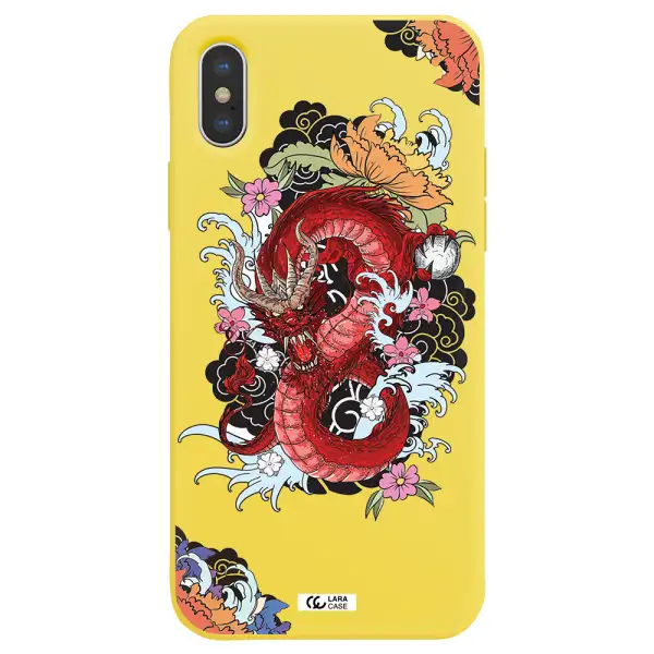 a red dragon with flowers and clouds Apple iPhone X Silicone canary yellow Case