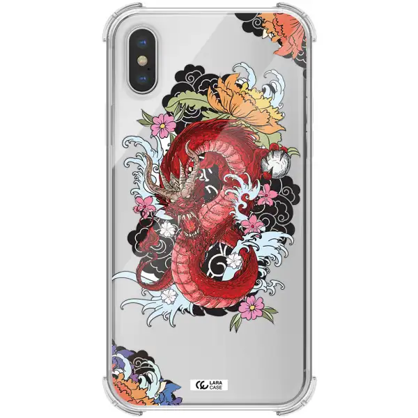 a red dragon with flowers and clouds Apple iPhone XS Clear PC Case