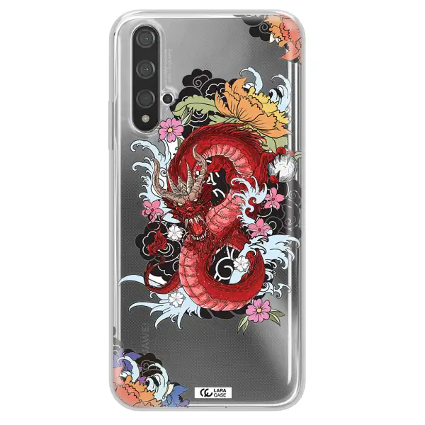 a red dragon with flowers and clouds Huawei Nova 5t Clear TPU Case