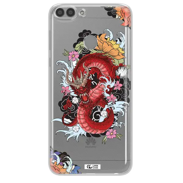a red dragon with flowers and clouds Huawei P Smart Clear TPU Case