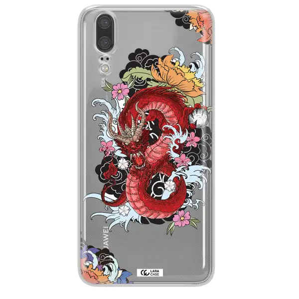 a red dragon with flowers and clouds Huawei P20 Clear TPU Case