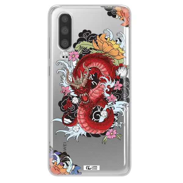 a red dragon with flowers and clouds Huawei P30 Clear TPU Case
