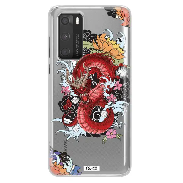 a red dragon with flowers and clouds Huawei P40 Clear TPU Case