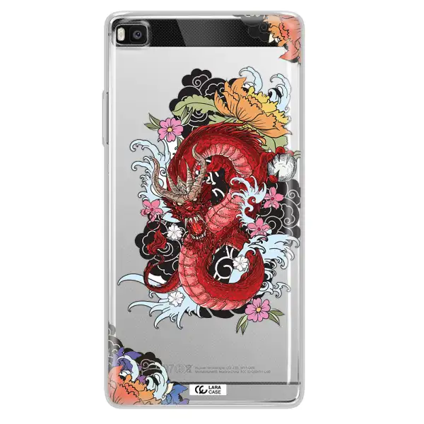 a red dragon with flowers and clouds Huawei P8 Clear TPU Case