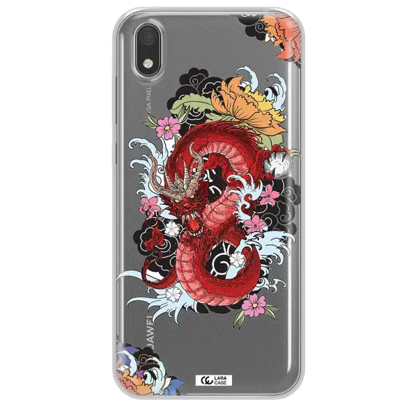 a red dragon with flowers and clouds Huawei Y5 2019 Clear TPU Case