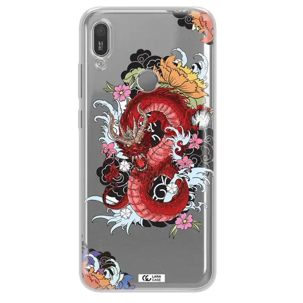 a red dragon with flowers and clouds Huawei Y6 2019 Clear TPU Case