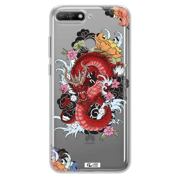 a red dragon with flowers and clouds Huawei Y6 Prime 2018 Clear TPU Case