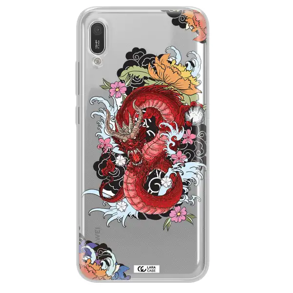 a red dragon with flowers and clouds Huawei Y6 Pro 2019 Clear TPU Case