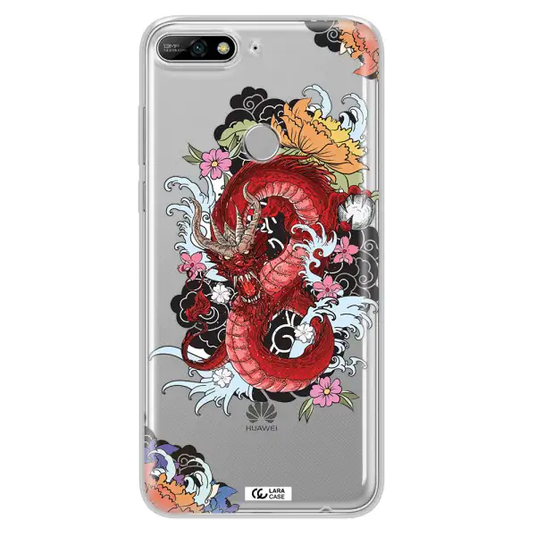 a red dragon with flowers and clouds Huawei Y7 2018 Clear TPU Case