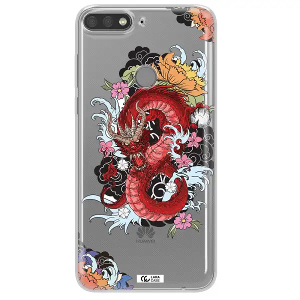 a red dragon with flowers and clouds Huawei Y7 Prime 2018 Clear TPU Case