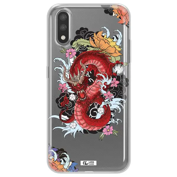a red dragon with flowers and clouds Samsung A01 Clear TPU Case