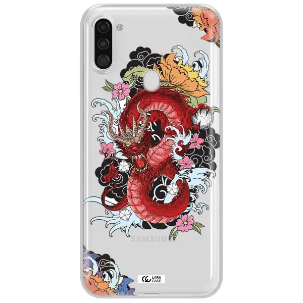 a red dragon with flowers and clouds Samsung A11 Clear TPU Case