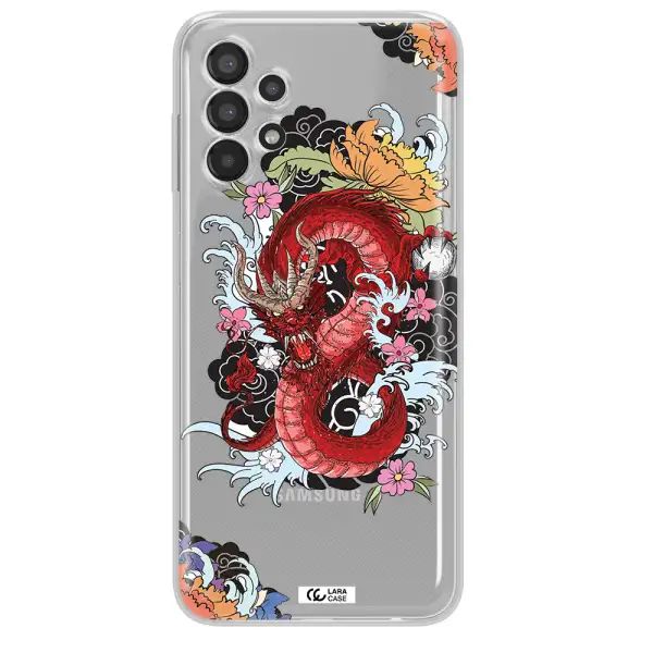 a red dragon with flowers and clouds Samsung A13 Clear TPU Case