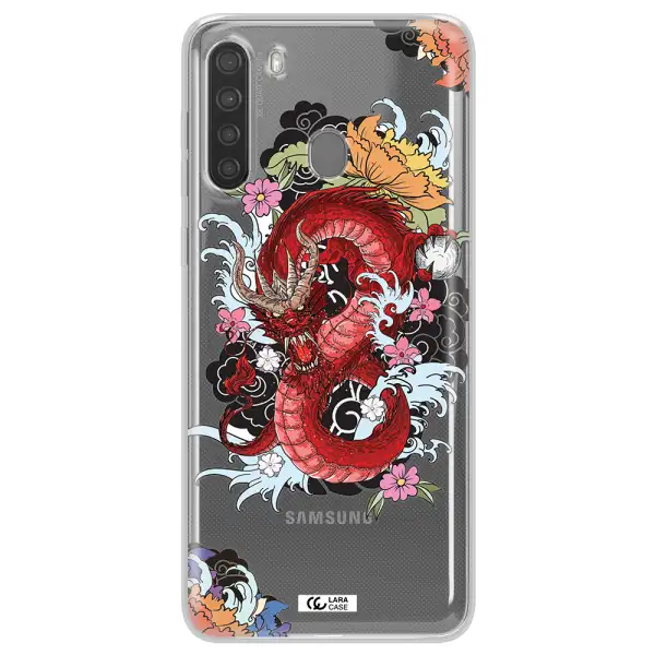 a red dragon with flowers and clouds Samsung A21 Clear TPU Case
