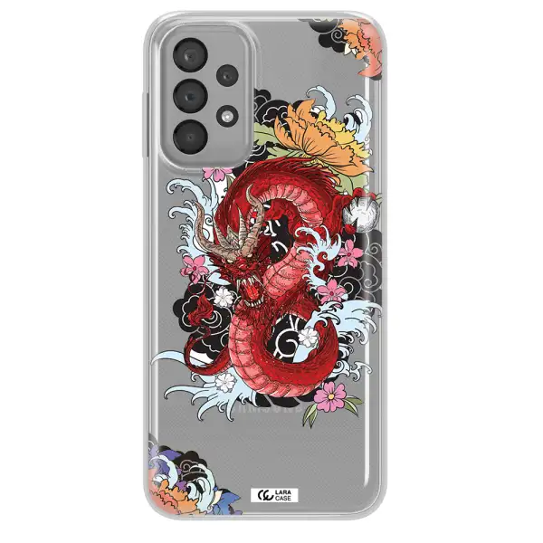 a red dragon with flowers and clouds Samsung A23 Clear TPU Case