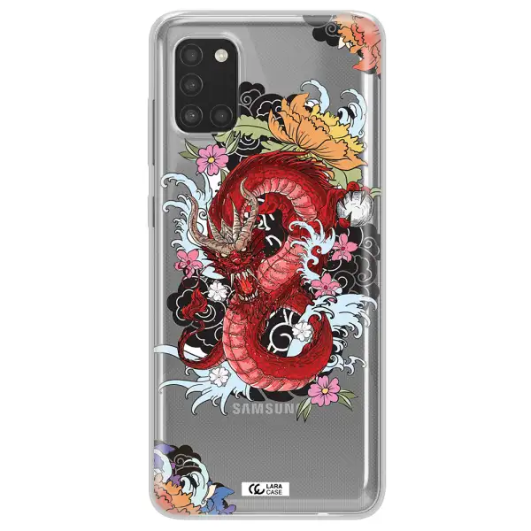 a red dragon with flowers and clouds Samsung A31 Clear TPU Case