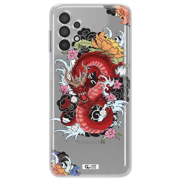 a red dragon with flowers and clouds Samsung A32 Clear TPU Case