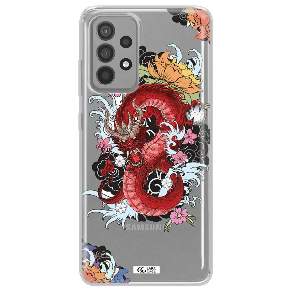a red dragon with flowers and clouds Samsung A52 Clear TPU Case
