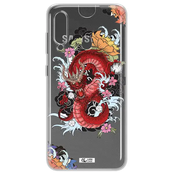 a red dragon with flowers and clouds Samsung A60 Clear TPU Case