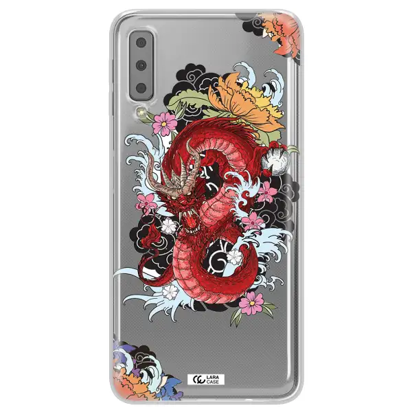 a red dragon with flowers and clouds Samsung A7 2018 Clear TPU Case