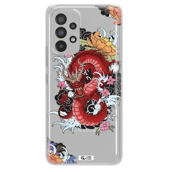 a red dragon with flowers and clouds Samsung A73 Clear TPU Case