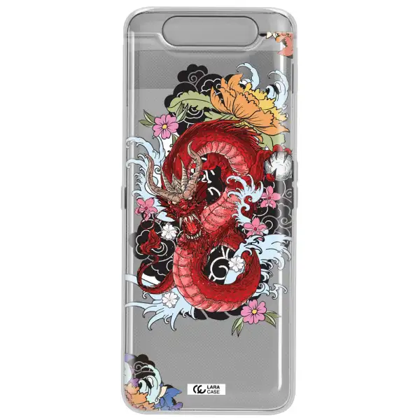 a red dragon with flowers and clouds Samsung A80 Clear TPU Case