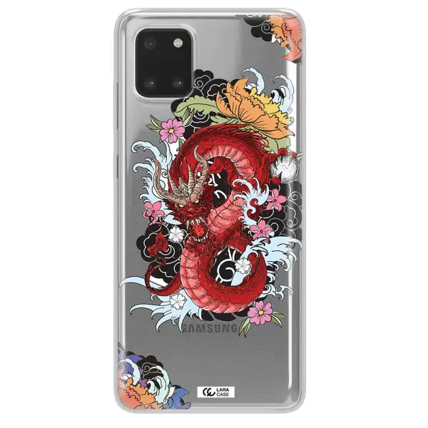 a red dragon with flowers and clouds Samsung A81 Clear TPU Case