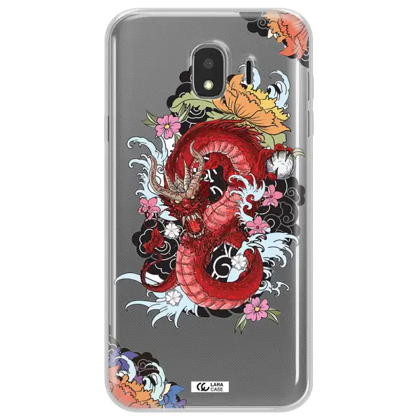 a red dragon with flowers and clouds Samsung J4 Clear TPU Case