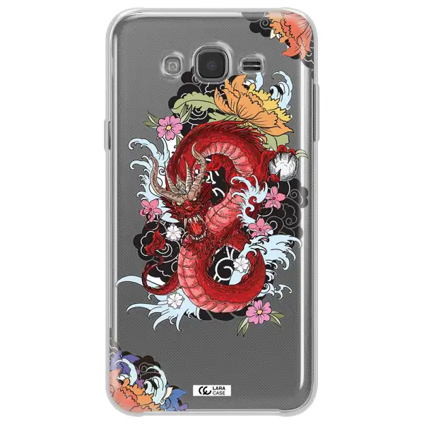a red dragon with flowers and clouds Samsung J7 Clear TPU Case