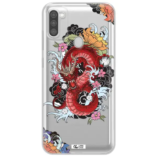 a red dragon with flowers and clouds Samsung M11 Clear TPU Case