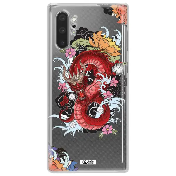 a red dragon with flowers and clouds Samsung Note 10 Plus Clear TPU Case
