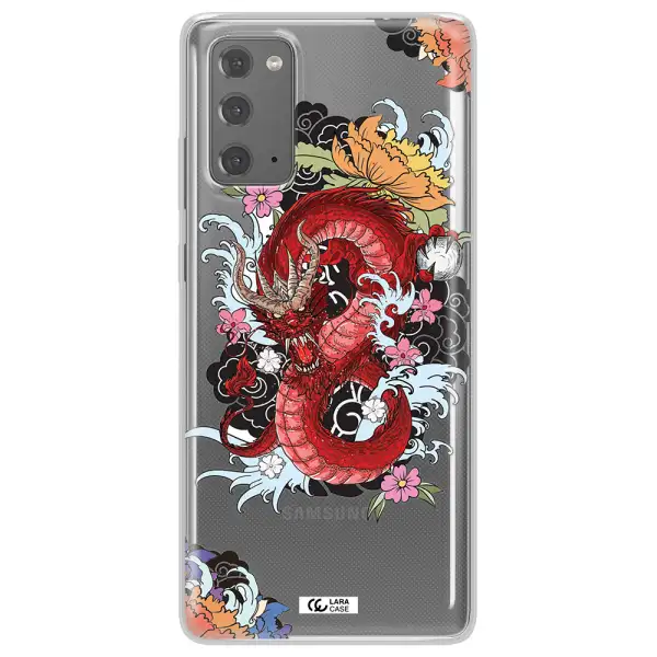 a red dragon with flowers and clouds Samsung Note 20 Clear TPU Case