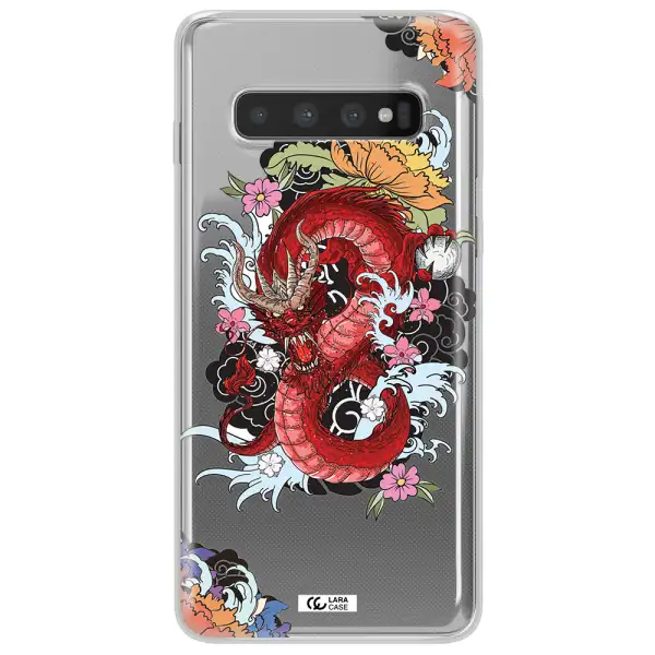 a red dragon with flowers and clouds Samsung S10 Clear TPU Case
