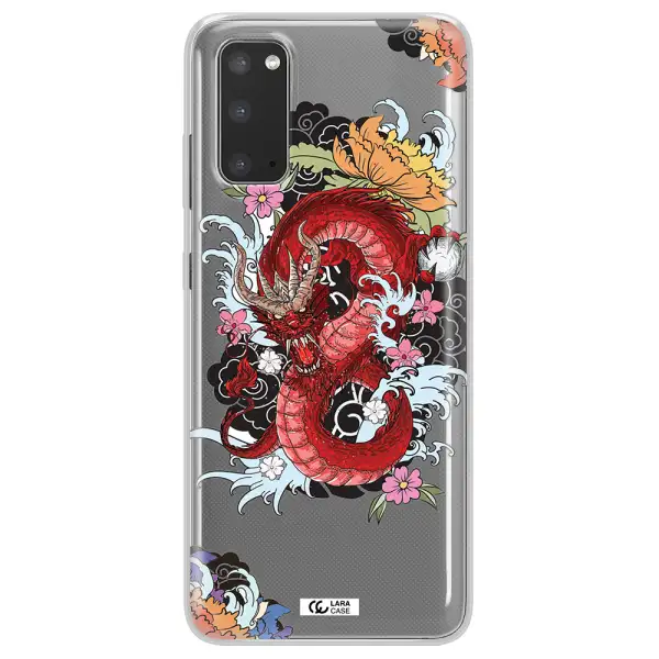 a red dragon with flowers and clouds Samsung S20 Clear TPU Case