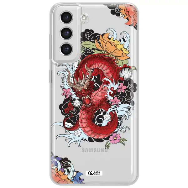 A Red Dragon With Flowers And Clouds Samsung S21 Fe Clear Tpu Case
