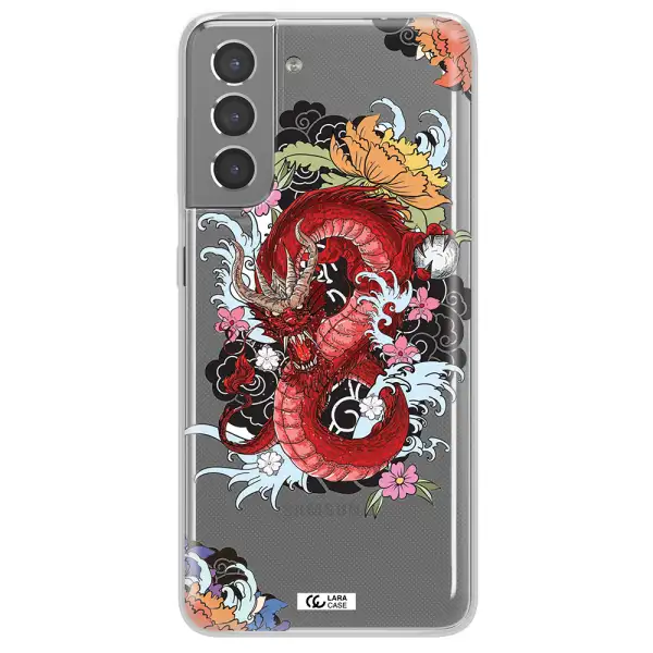 a red dragon with flowers and clouds Samsung S21 Plus Clear TPU Case
