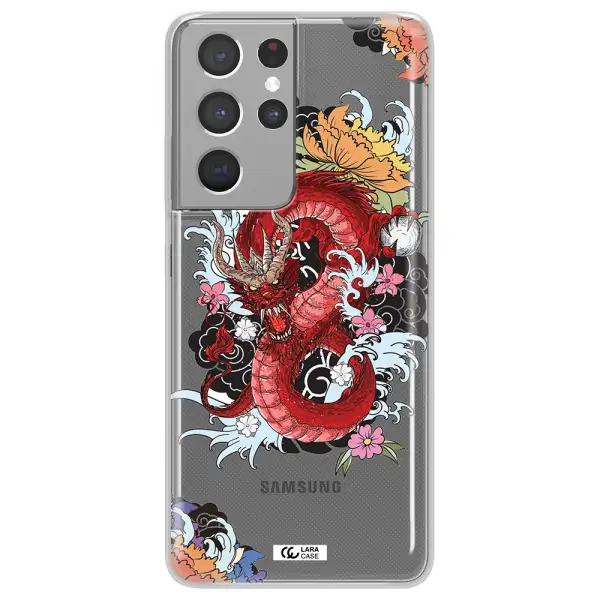 a red dragon with flowers and clouds Samsung S21 Ultra Clear TPU Case