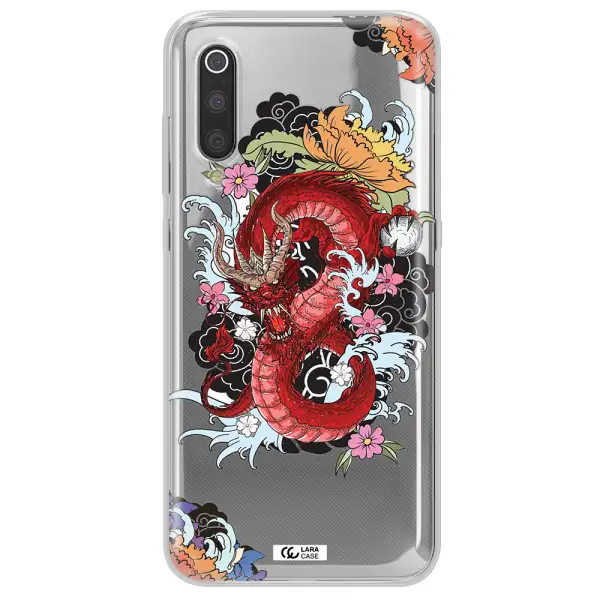 a red dragon with flowers and clouds Xiaomi Mi 9 Clear TPU Case