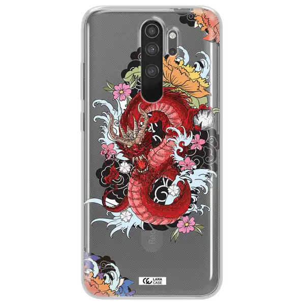 a red dragon with flowers and clouds Xiaomi Note 8 Pro Clear TPU Case